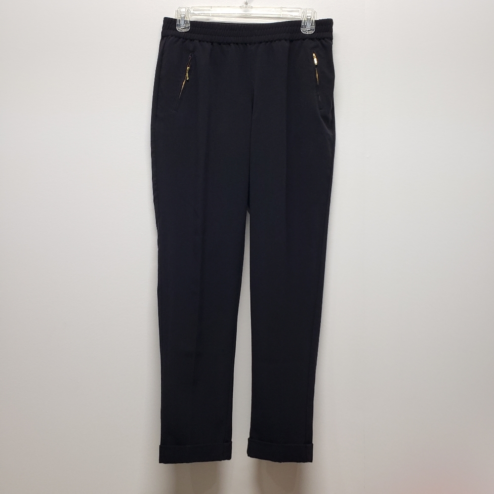 Chico's Trouser Pull On Utility Ankle Pants Womens Size 00 XS Black Gold Zipper